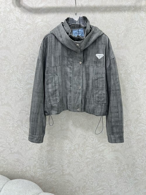 Prada Classic Triangular Logo Decorated Denim Jacket with Vintage Wash