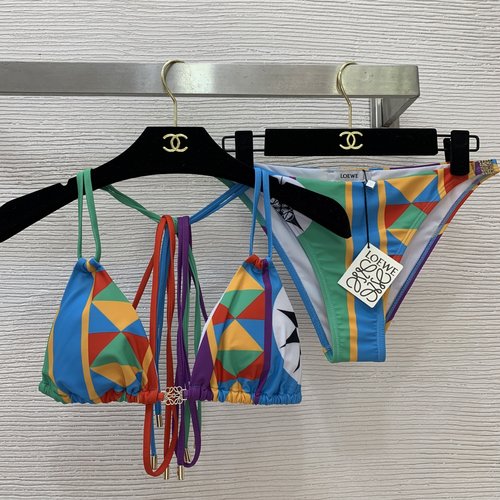 Loewe Vintage Color Block Print Bikini Set with Logo Hardware