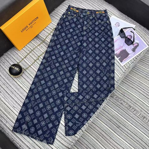 Louis Vuitton Autumn Embroidered Logo Denim Straight Pants