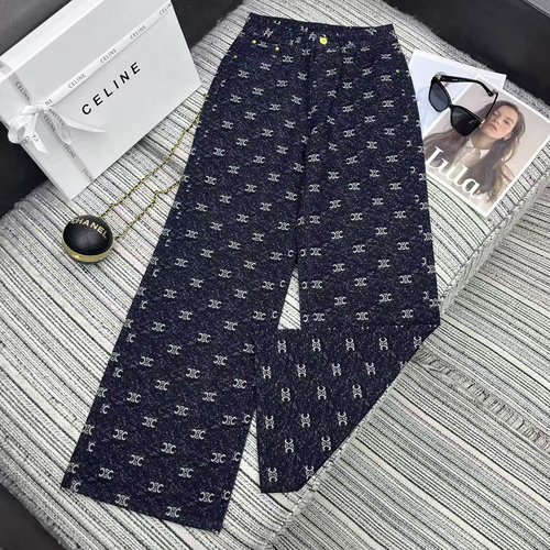 Celine Autumn Arc Embossed Denim Wide-leg Pants