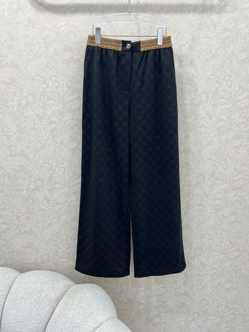 Gucci Full-width老花Double G Print Wide-leg Trousers with Color-block Waist and Horsebit Pocket