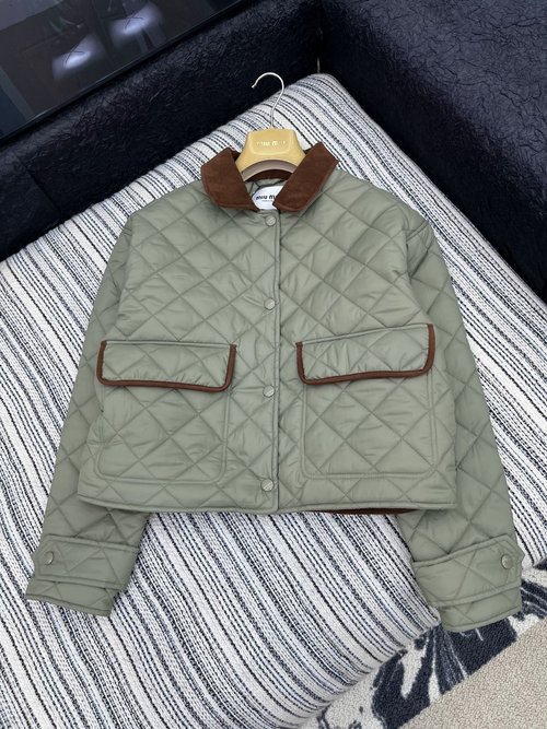 Miu Miu Color-blocked Collar Short Coat with Quilted Design and a Soft Texture