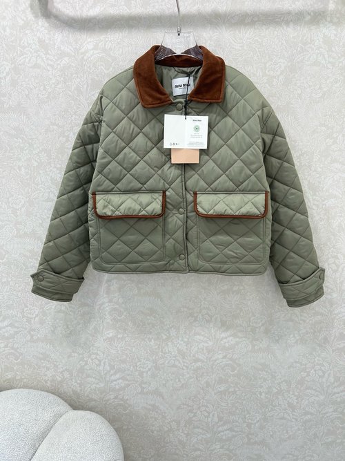 Miu Miu Military Green Checked Cotton Coat with Leather Collar and Logo
