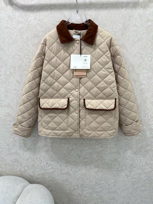 Miu Miu Apricot Checked Cotton Coat with Leather Collar and Logo Embroidery