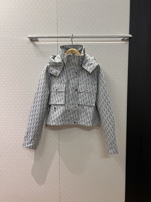 Dior Misty Blue Damask Jacquard Hooded Short Jacket with Detachable Hood