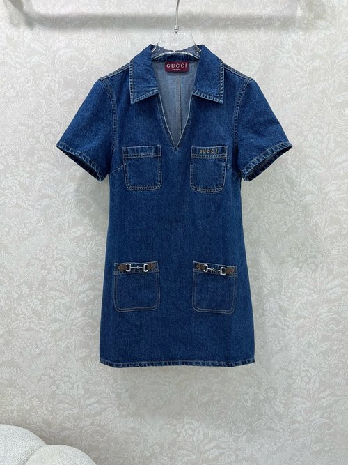 Gucci Denim Sleeveless Dress with Letter Embroidery and Horsebit Ornament