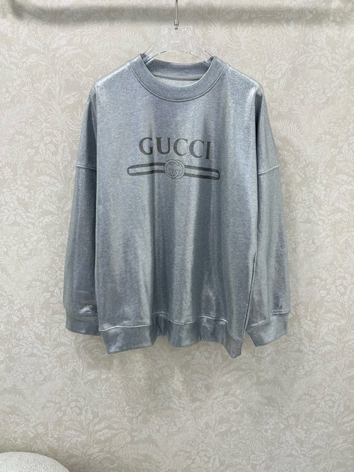 Gucci Silver Printed Cotton Hoodie with Brand Logo