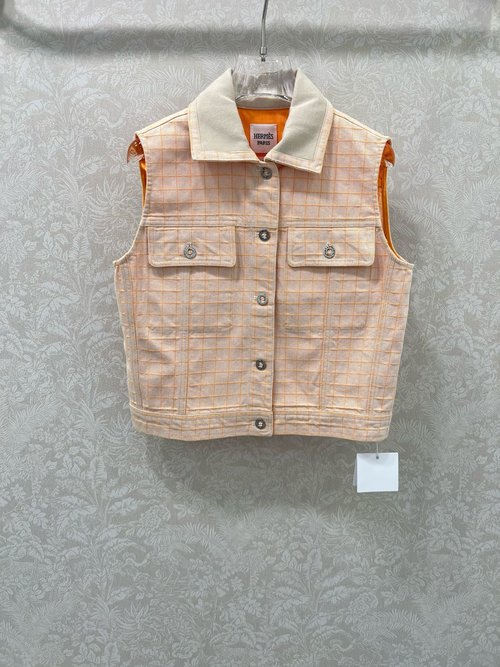 Hermes Orange-Pink Checked Collared Denim Vest with Letter Buttons