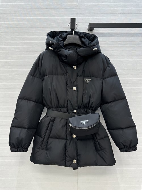 Prada Recycled Nylon Series Hooded Waist-cinched Down Jacket