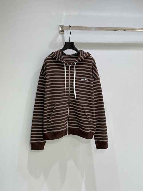 Miu Miu Cotton Fleece Zip-Up Hoodie with Classic Striped Pattern and Embroidered Logo