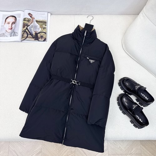 Prada Exclusive Triangular Logo Mid-Length Down Jacket with Belt, Stylish