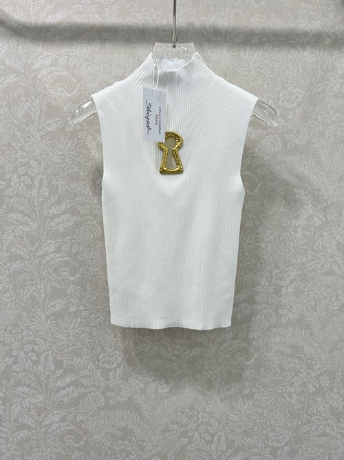 Chanel Sleeveless Knit Top with Gold Key Buckle for an Elegant Appearance