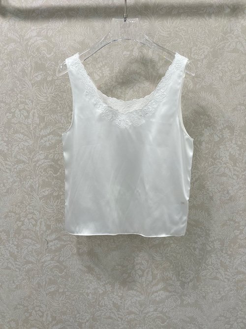 Celine Silk Sleeveless Top with Lace Embroidery and Custom Embroidered Pattern