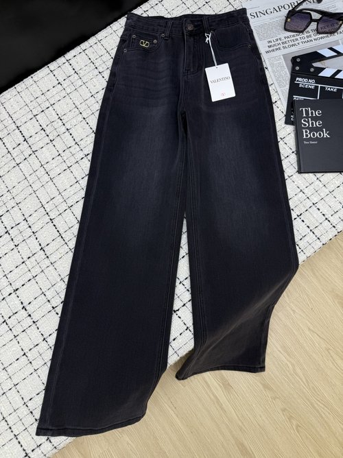 Valentino Gilded Thread Embroidered Logo Straight-Cut Trousers, Lengthening Silhouette