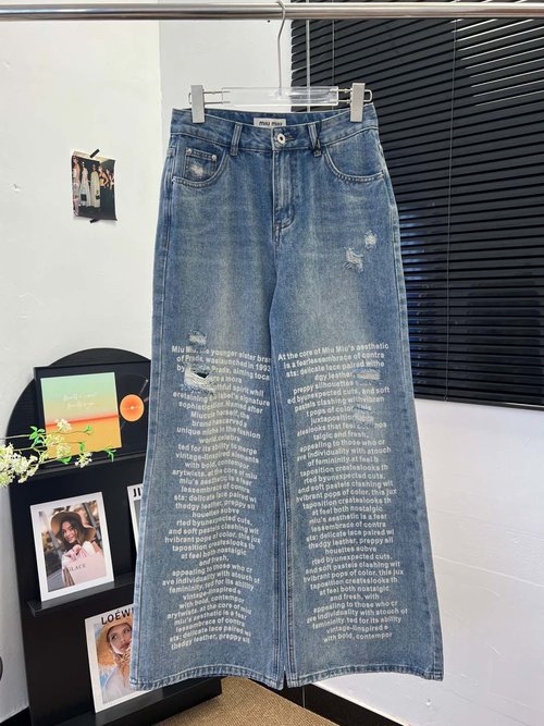 Miu Miu American Cool Style Denim Pants with Printed Letters and Holes