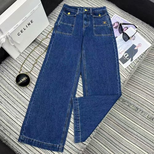 Celine Arch of Triumph Embroidered Pocket Denim Straight Pants