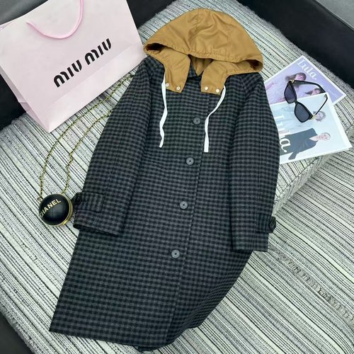 Miu Miu Recommended Checked Trench Coat with Patchwork for Autumn and Winter