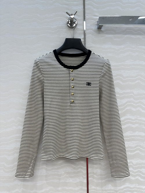 Celine CE Striped Long-Sleeved T-Shirt with Arch Logo, Fashionable and Timeless