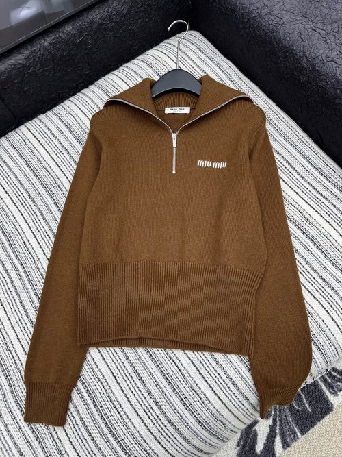 Miu Miu Navy-style Half-zip Knitwear with Jacquard Letters, Body-Shaping