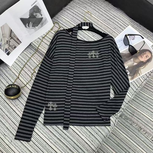 Chrome Hearts Recommended Early Autumn Striped Off-the-shoulder Top with Studs