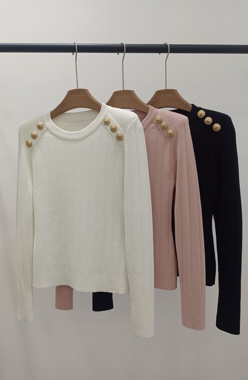 Balmain Metal Button Round Neck Ribbed Knit Top, Real Shot