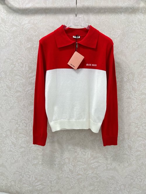 Miu Miu Contrast Collar Half-Zipper Knit Pullover with Logo Embroidery
