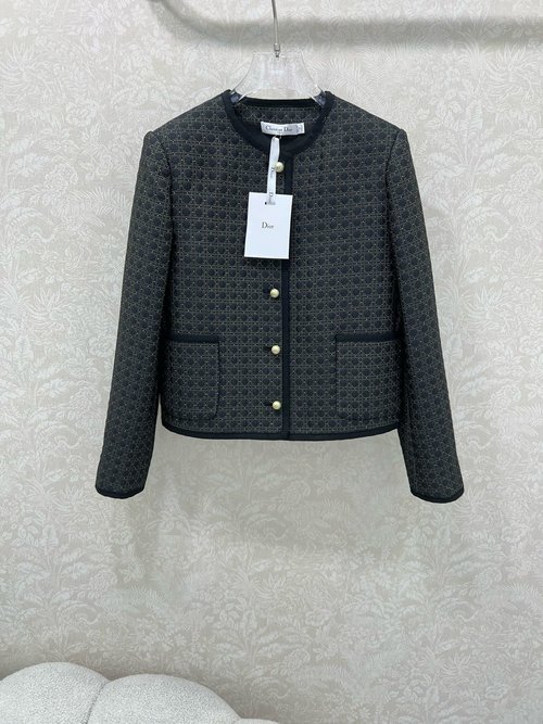 Dior Black and Gold Diamond Patterned Coat with CD Pearl Buttons