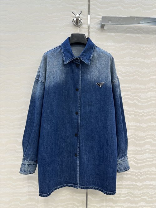 Prada Exclusive First Release: Enzyme-washed Denim Long Sleeve Shirt with Triangle Logo