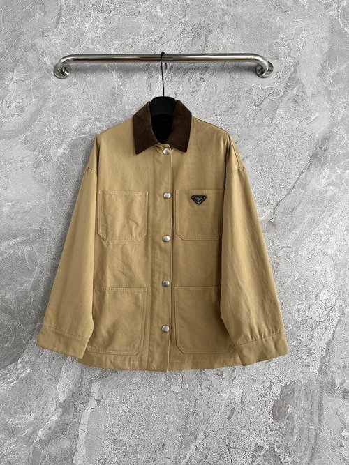 Prada Vintage-style Collared Canvas Work Jacket with Velvet Collar