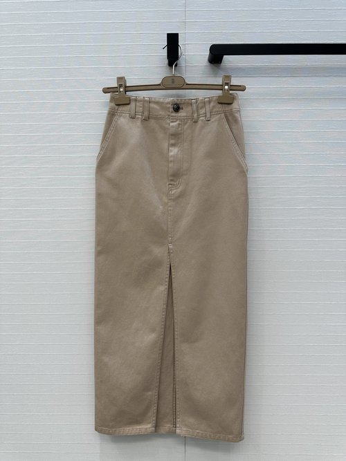 Brunello Cucinelli Distressed Pink-Washed Denim Long Skirt with Copper Beads and High Slit Design