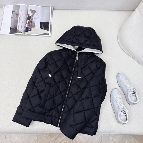 Max Mara Quilted Short Hooded Down Jacket with Logo Badge - Classic and Elegant