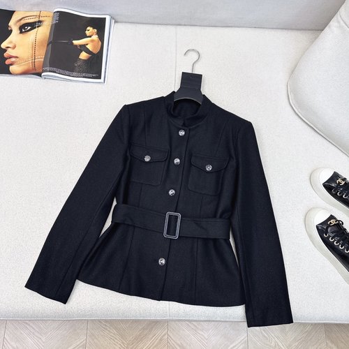 Chanel Sparkling Collar Belted Coat for Retro Daily Wear