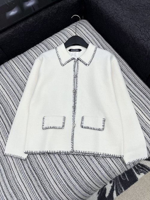 Chanel Vintage - inspired Heavy Contrast Border Collar Coat with Double C Buttons
