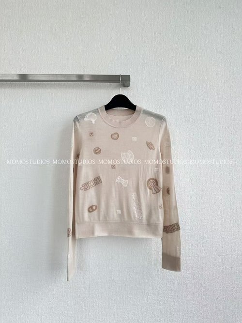 Hermes 100% Wool Sweater with Candy Book Stamp Pattern and Ribbed Trim