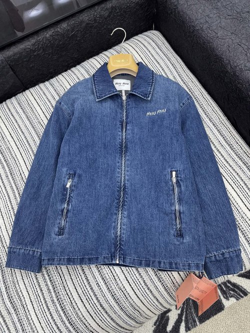 Miu Miu Logo Retro Fleece-Lined Denim Jacket, Versatile Style
