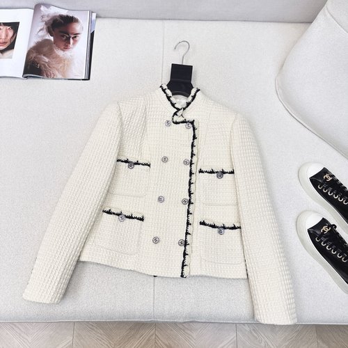 Chanel Elegant Double - Breasted Braided Trim Stand - Collar Jacket