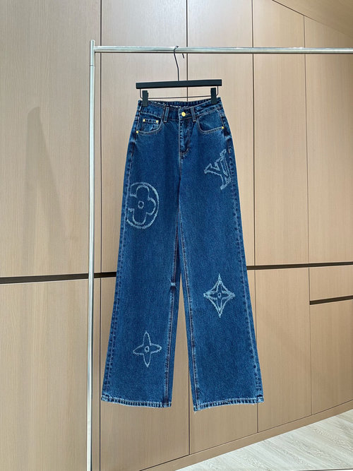 Louis Vuitton Designer Old Flower Burnout Jeans in High-End Cotton Denim