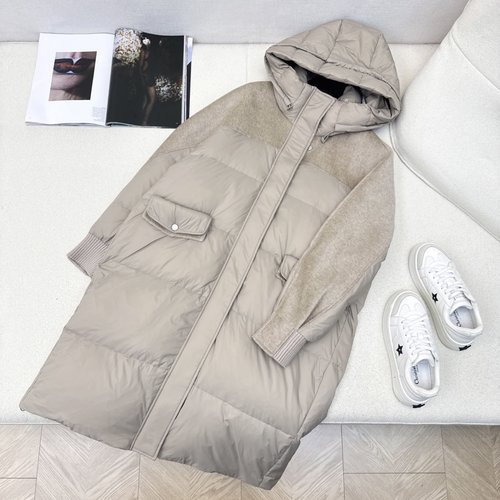 Max Mara Spliced Cashmere Hooded Long Down Jacket with Wool Sleeves, Classic Style