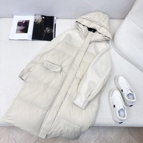 Max Mara Spliced Cashmere Hooded Long Down Jacket with Wool Sleeves, Classic Style