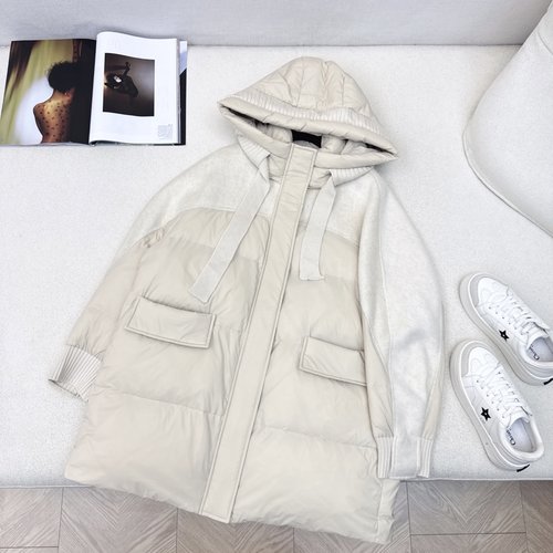 Max Mara Spliced Cashmere Hooded Mid-length Down Jacket