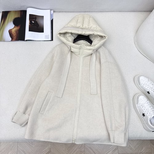 Max Mara Spliced Wool Hooded Medium-Length Down Coat