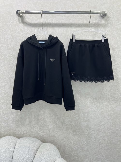 Prada Chic Sweatshirt and Skirt Set with Lace Trim and Triangle Logo, Slimming Style