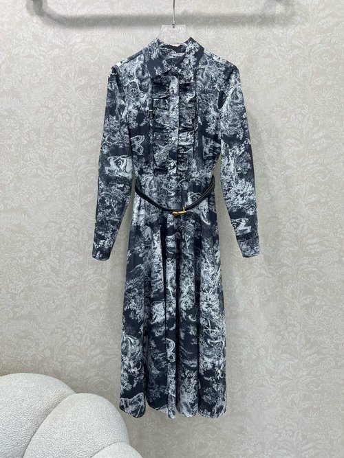 Dior Chic Buttoned Dress with Bee Embroidery, Comfortable Fit