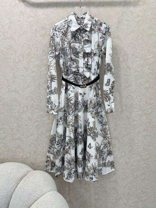 Dior Chic Buttoned Dress with Bee Embroidery, Comfortable Fit