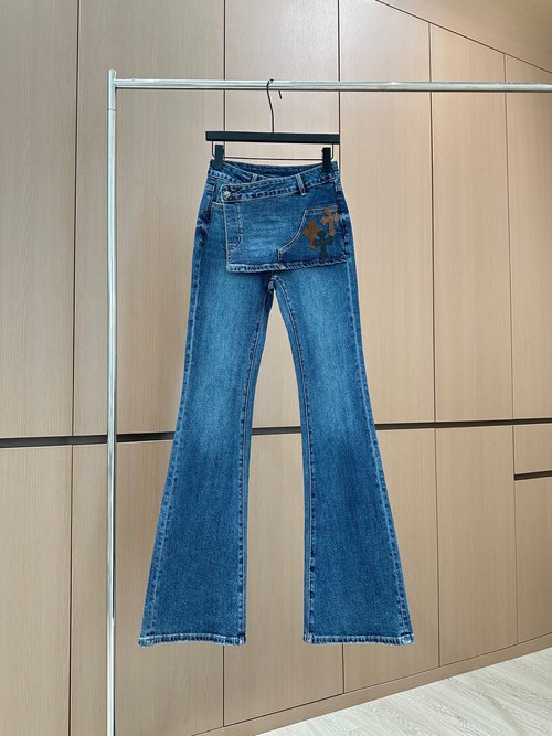 Chanel Designer Distressed Flare Jeans with Unique Ornamentation