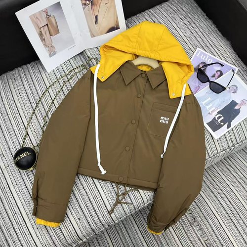 Miu Miu Contrast Hooded Padded Jacket with Removable Hat, Filled with 90% White Goose Down