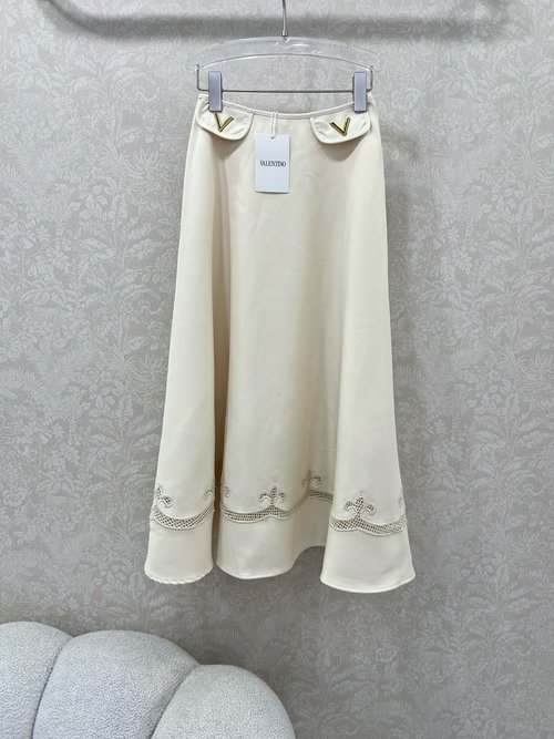 Valentino Hepburn-Style Flap Pocket Skirt with Burned-Out Hem and Gold V Logo