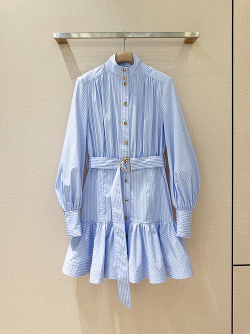 Zimmermann Striped High - Neck Waist - Cinching Dress with Ruffled Hem