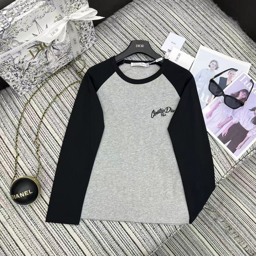 Dior Early Autumn Color-Blocked Round-Neck Long-Sleeve T-Shirt with Embroidered Letters