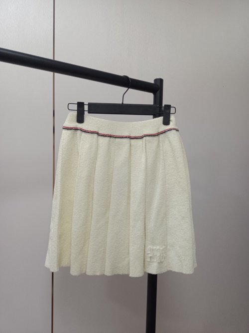 Miu Miu Letter Patch Logo Wool Loop Knit Skirt, Real Shot